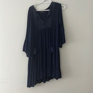 Navy blue linen light dress with strings and cuffed sleeves